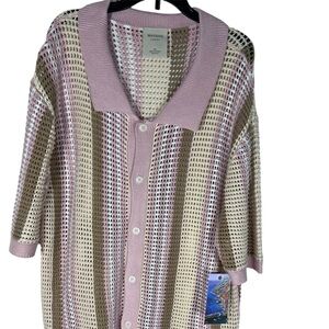 Massive Luxury Pink and Brown Casual Button Down Knit Crochet Shirt Size XL
